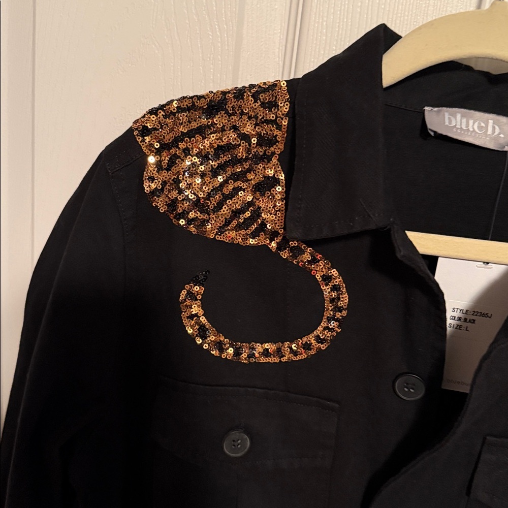 Blue B tiger sequin black brown utility denim jacket size large - Picture 3 of 8